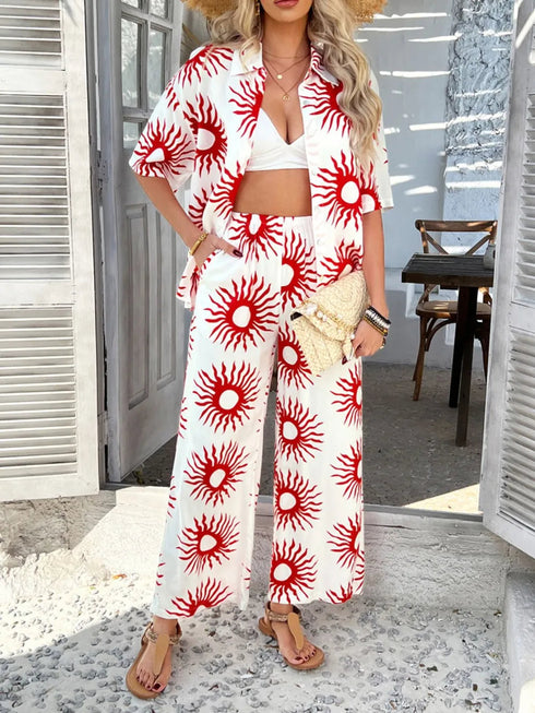 'Splendory' Collared Print Top and Pants Set - Celes Fashion